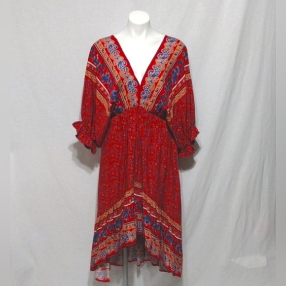 Umgee Boho Floral Hi-Low Maxi Dress L Plunging V-Neck V-back Flowy Festival Chic - Picture 4 of 14